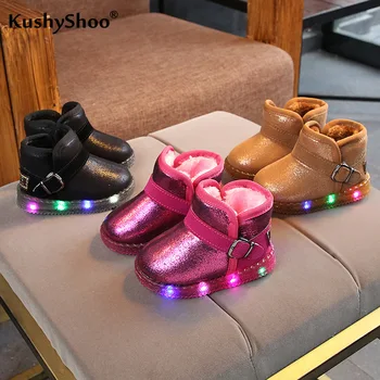 

Kushyshoo Snow Boots 2020 Glossy Fashion Buckle Light Up Kids Shoes Plus Velvet Multicolor All-match Hook&loop Warm Winter Shoes