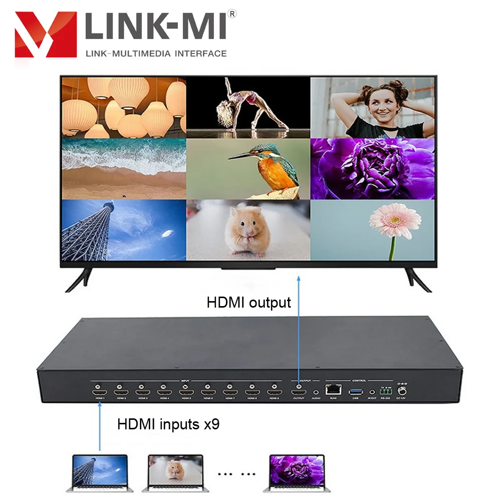 LINK-MI 4K 9x1 HDMI 멀티 뷰어 (원격 스위처 포함) 9 in 1 out HDMI 스위치 지원 원격, 버튼, RS-232 제어 1080P