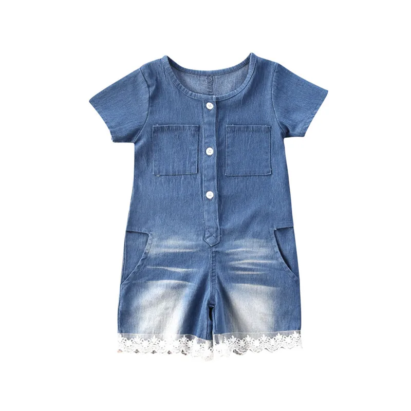 

2020 Newborn Baby Lace Rompers Baby Girls Clothes Denim Casual Overall Short Sleeve Button O Neck Blue Jumpsuit Outfits 1-6Y