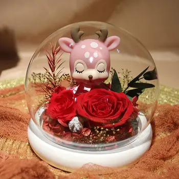 

Creative Fawn Eternal Rose Gift Red Artificial Flower In Glass Dome with LED Light for Valentine Mother's Day Gifts Home Decor
