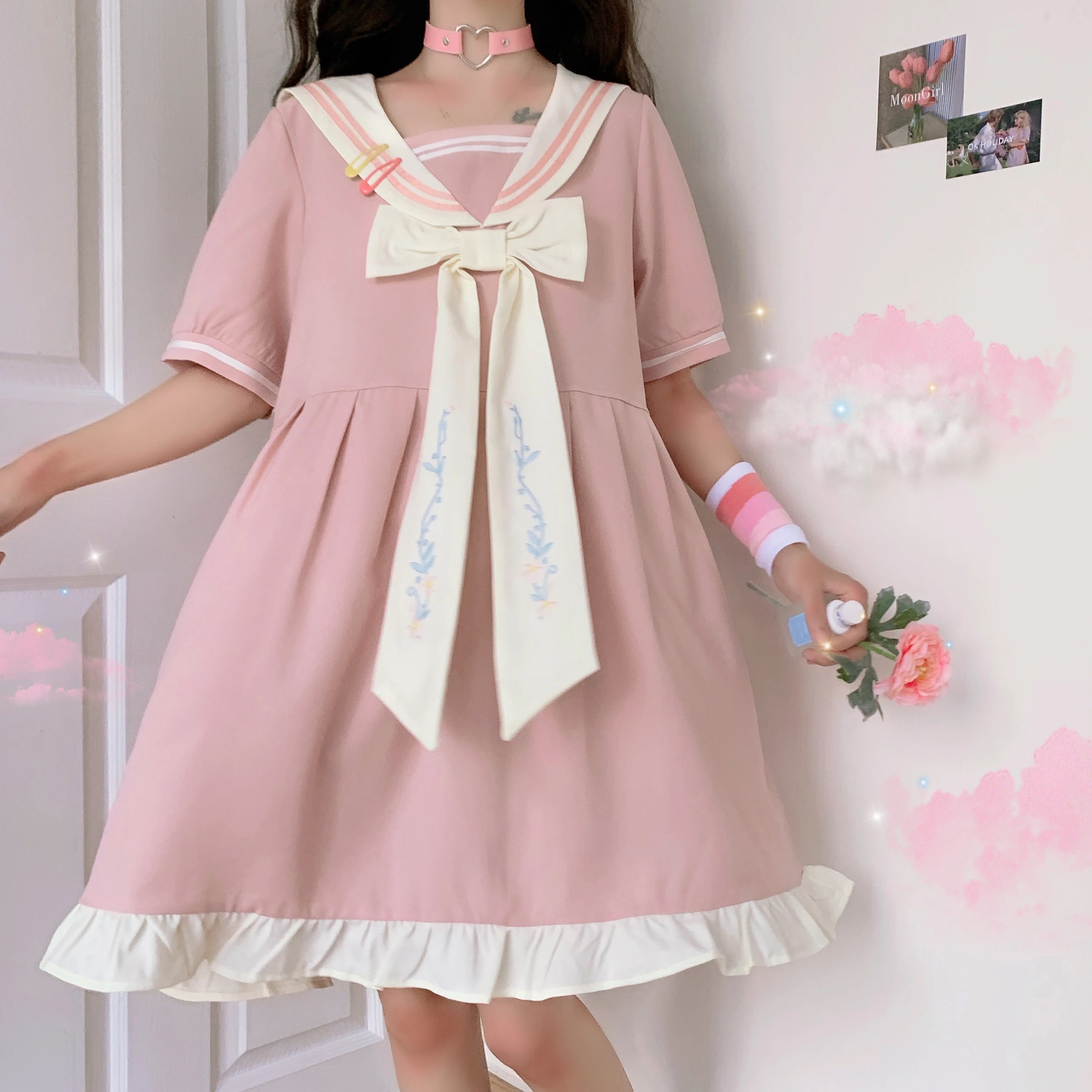 Japanese Summer Kawaii Lolita Cosplay Dress Sweet Sailor Collar Bow Puff Sleeve Cute Ruffles Mori Girl Dress Retro Lady Dress