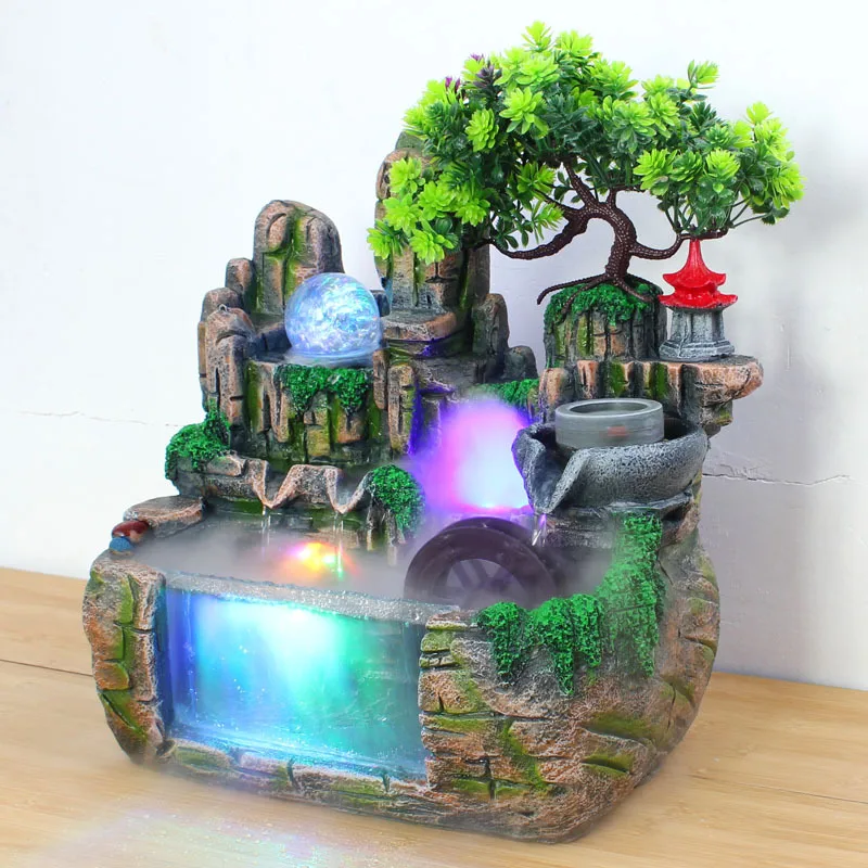 Indoor LED Atomization Aquarium LED Crystal Ball Rockery Waterfall Water Fountain Home Garden Decor Micro Landscape Resin Crafts