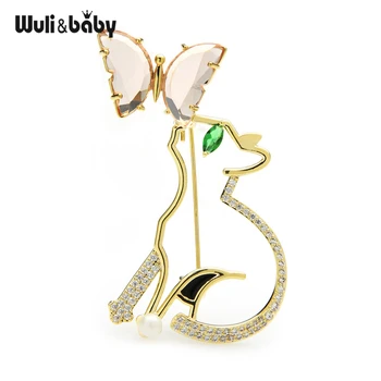 

Wuli&baby Crystal Cat Play With Butterfly Brooches For Women Beauty Animal Party Causal Brooch Pins Gifts