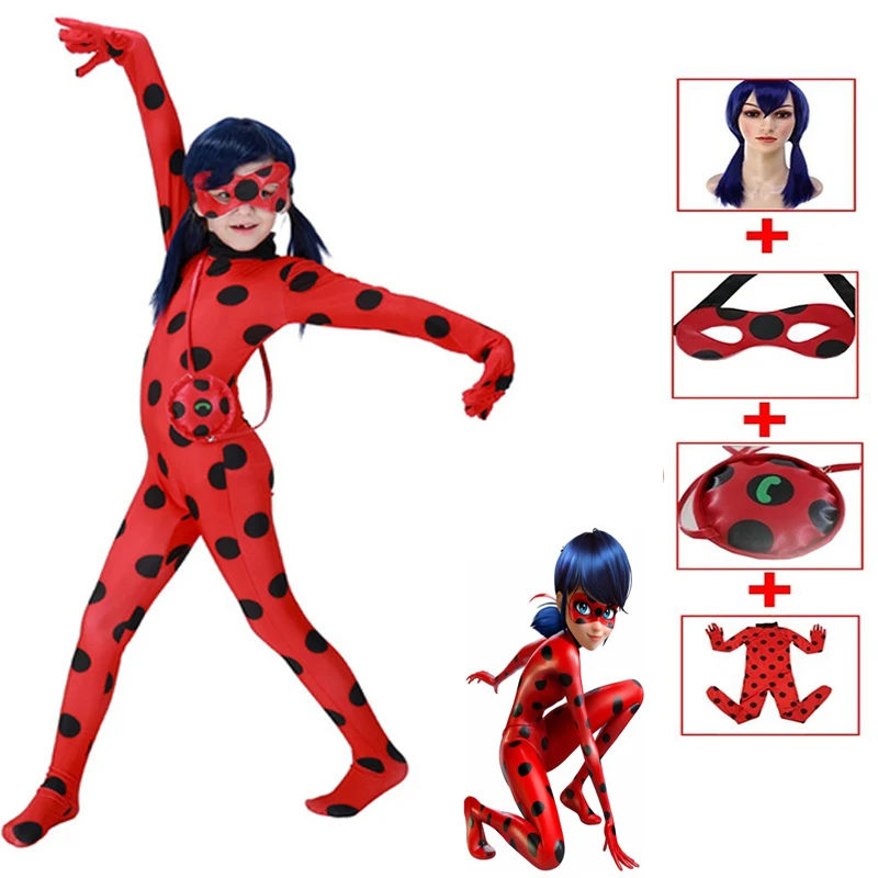 

Children Disfraz Lady bug Suit Cosplay Costume Halloween Girls Ladybug Jumpsuits With Wig Halloween Costumes for Kids