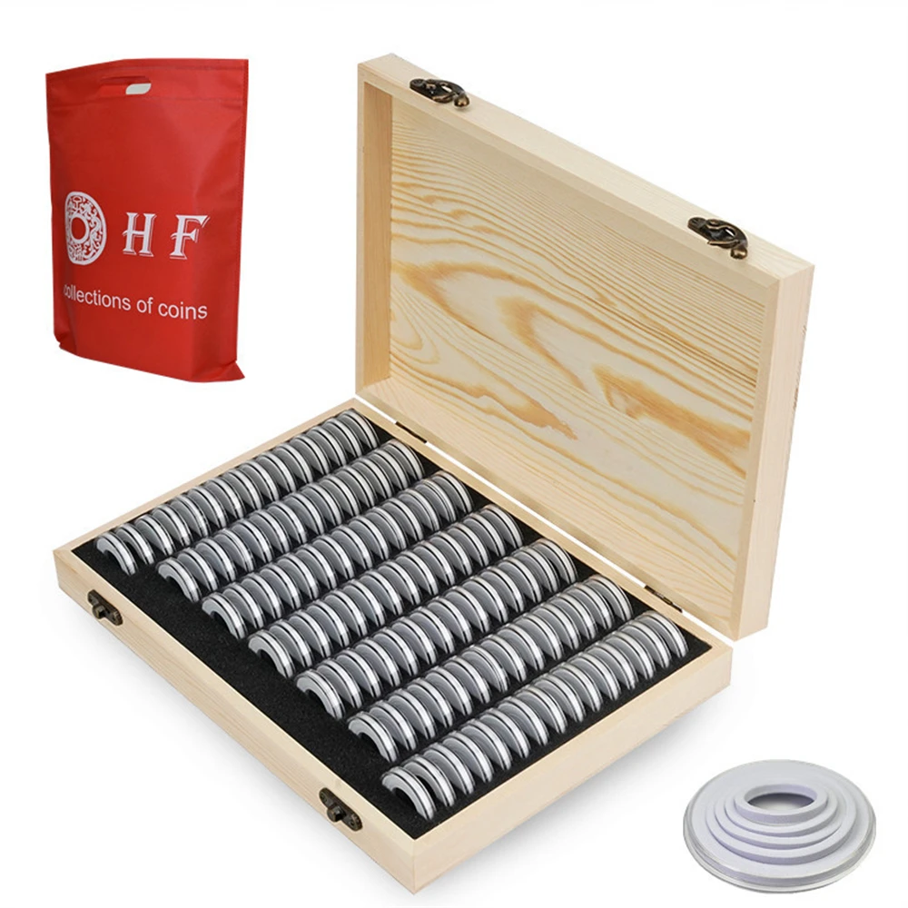 

100pcs Coin Storage Box Adjustable Antioxidative Wooden Commemorative Coin Collection Case Container With Adjustment Pad