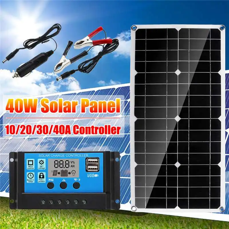 

40W Solar Cells Solar Panel with Car Charger 5V Dual USB Charger + 10/20/30/40A 18V Solar Charger Controller for Outdoor Camping