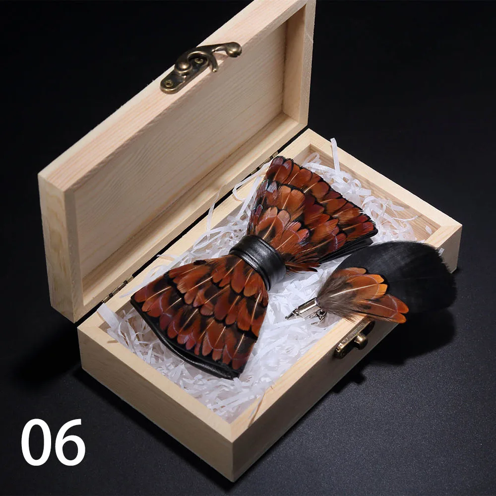 RBOCOTT оригинальные зеленые Птицы Перо галстуки-бабочки натуральная ручная работа брошь-бант в деревянной коробке Подарочная коробка набор для мужчин деловые Вечерние - Цвет: 06