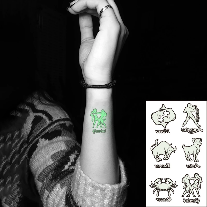 Waterproof Temporary Luminous Tattoo Sticker Pisces Taurus Aries Cancer  Gemini Constellation Flash Fake Tatto For Women Men - Temporary Tattoos -  AliExpress