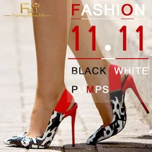 Черно-белые туфли-лодочки на шпильках из кожи питона туфли с острым носком на высоком тонком каблуке с петлей на пятке; большие размеры 41, 42, 43; обувь по индивидуальному заказу женская обувь; FSJ