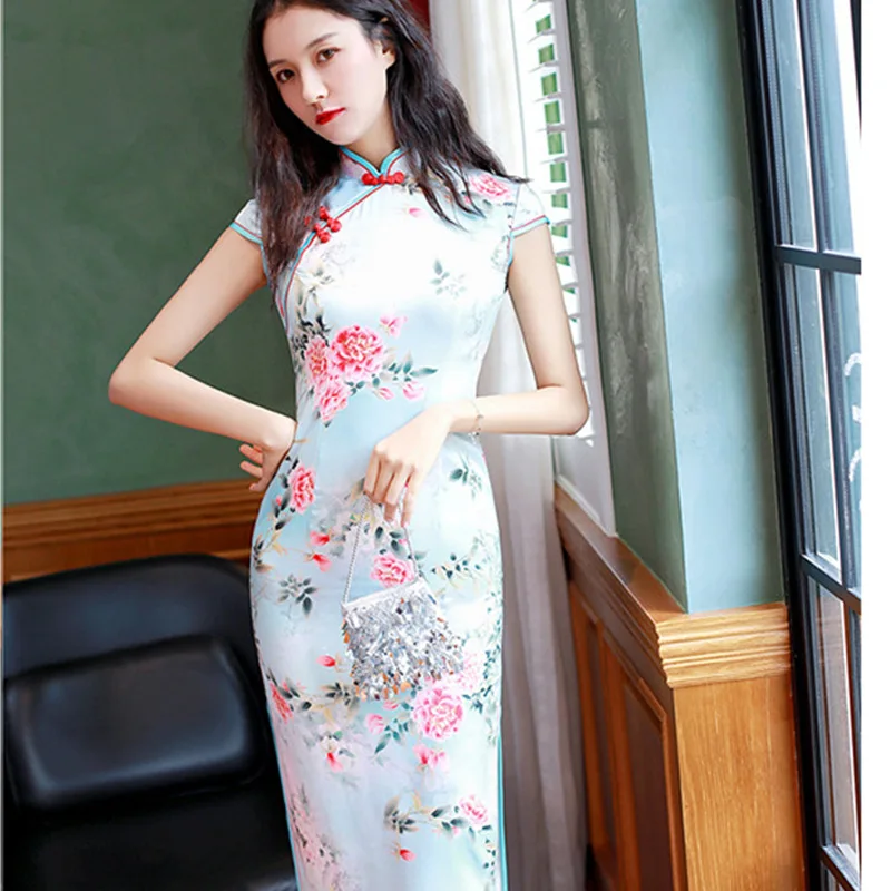 

2019 Spring And Summer New Elegent Women Simulation Silk Printing Short Sleeve Dresses Long Young Girl Retro Cheongsam Dress