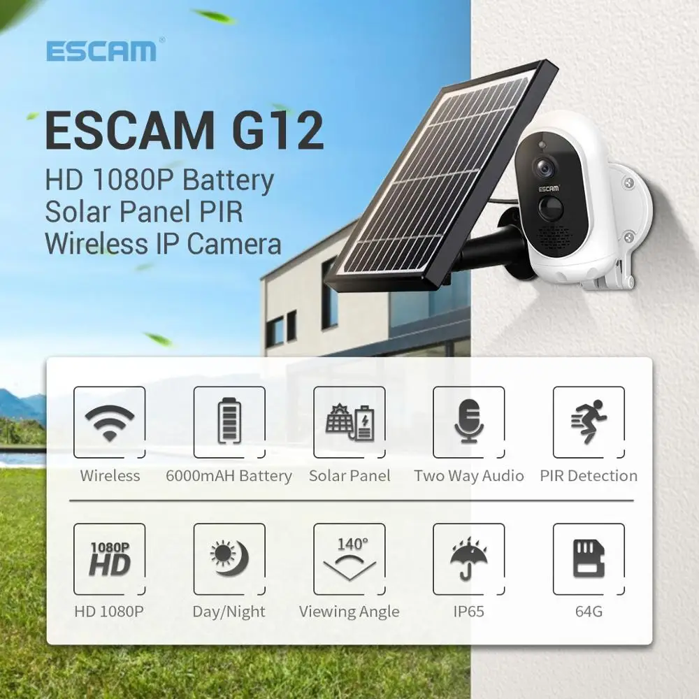 Escam G12 Solar Power/Battery Power 2Mp 1080P Wireless Wifi Ip Camera Telecamera Di Allarme Senza Fili
