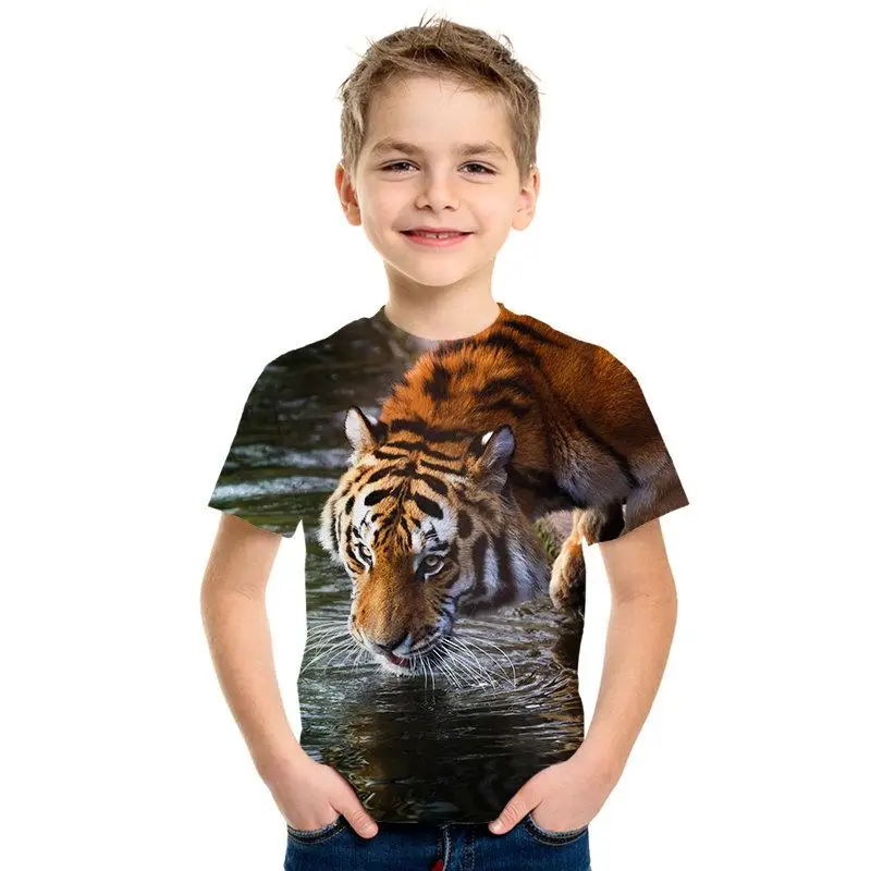 Camiseta de manga corta con estampado de lobo de leopardo de manga corta para nios y nias con estampado 3D De Len animal