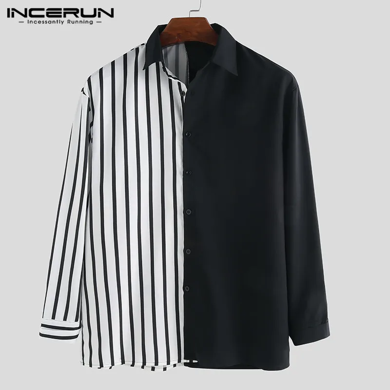 INCERUN Men Shirt Long Sleeve Striped Patchwork Lapel Collar Chic Casual Shirts Men Button Breathable Camisas Hombre 2019 S-5XL