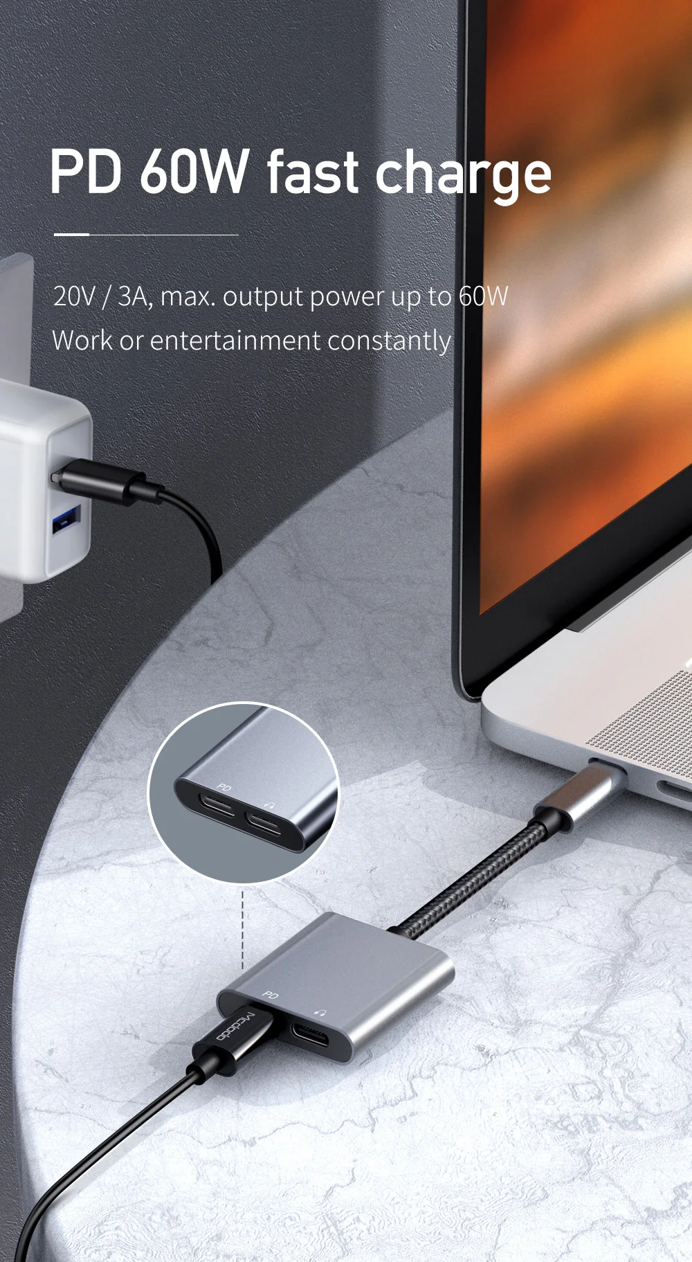 Mcdodo 60 Вт PD USB C для двух тип-c наушников цифровой аудио адаптер DAC HIFI Aux кабель для IPad Pro Macbook samsung S10 Note 10 9