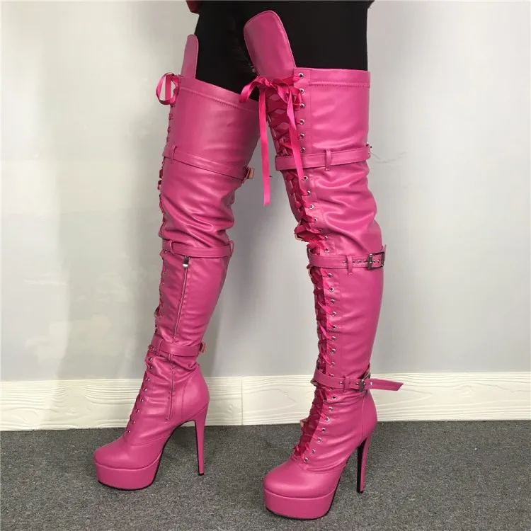fuchsia knee high boots