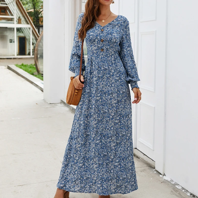 Женское платье с V образным вырезом длинное на пуговицах длинным рукавом и