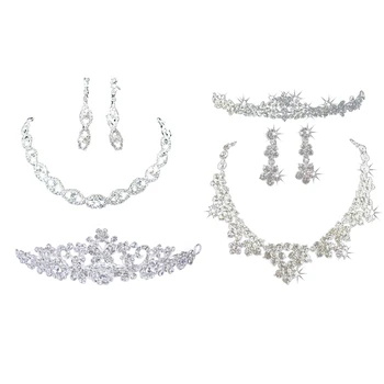 

2 Sets Bridal Necklace Earring Set:1 Set Tiara + Earring + 3 Necklace Set Rhinestone Wedding Wedding Party & 1 Set Crystal Neckl
