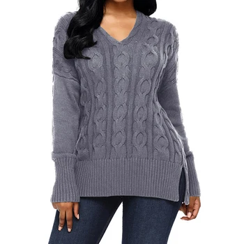 

2020 Autumn And Winter Sweaters Europe And The United States Long Paragraph Loose Large Size V-neck Twist Pullover Women 66644