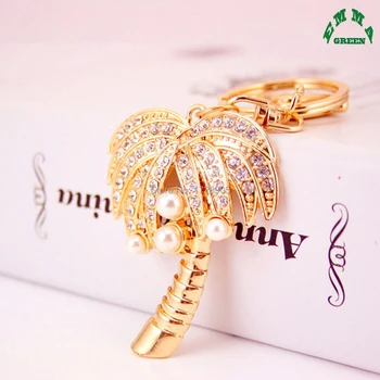 

Key Ring Rhinestone Coconut Palm Tree with pearls High Quality Jewelry Keychain Women Key Holder Chain Ring Car Bag Pendant