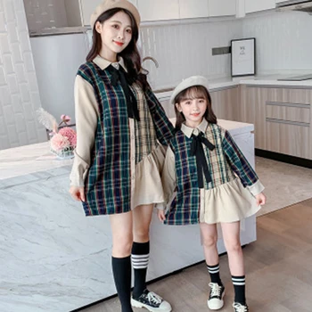 

Fashion Mother Daughter Shirt Dress Spring Autumn Long Sleeve Plaid Pleated Dresses Women Girls Family Matching Clothes