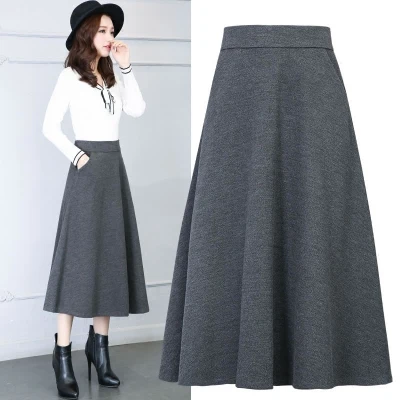 Gray (76CM) Mid Зимняя Женская Длинная шерстяная юбка модные базовые шерстяные юбки с высокой талией женские повседневные плотные теплые эластичные трапециевидные макси юбки O839 - Цвет: Gray (76CM) Mid