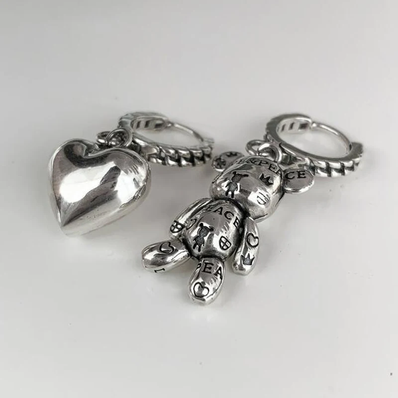 Women Silver Color Hoop Earrings Vintage Accessories Little Bear LOVE Heart Asymmetric Party