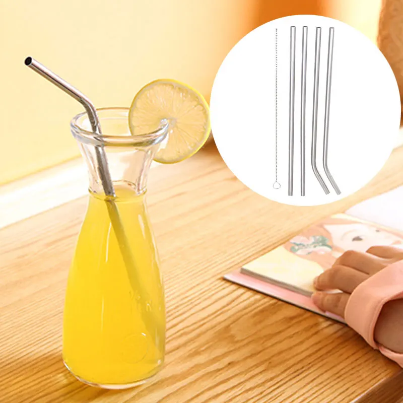

Straws+Brush 4pcs Party Supplies Metal Reusable Reusable Stainless Steel Straw Cleaner Tool Drinks Cup Mug Cocktail Straws