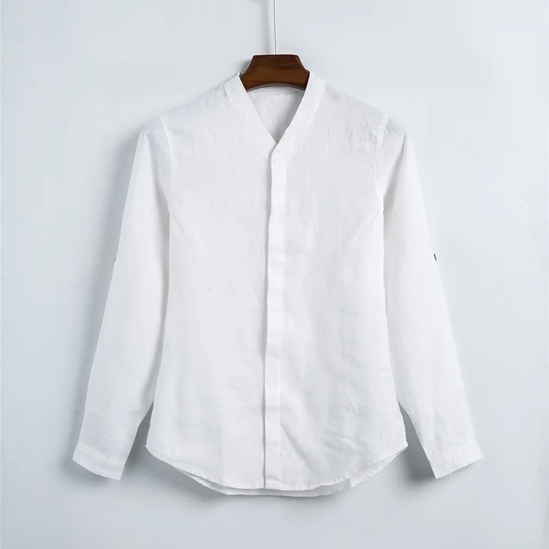 

Spring Summer Small Stand Collar Linen Shirt Men's Long Sleeve Slim Fit Chinese-style Cotton Linen Shirt Solid Color Thin 110