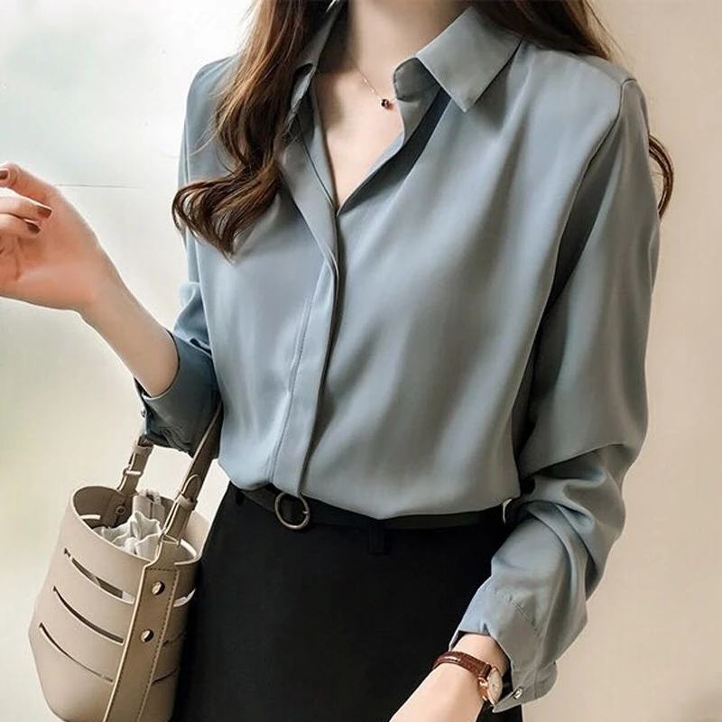 

RICORIT Women Fashion Blouses Shirt Solid Plus Size Female Clothes Loose Shirt Long Sleeve Blouse Simple OL Feminine Blusa
