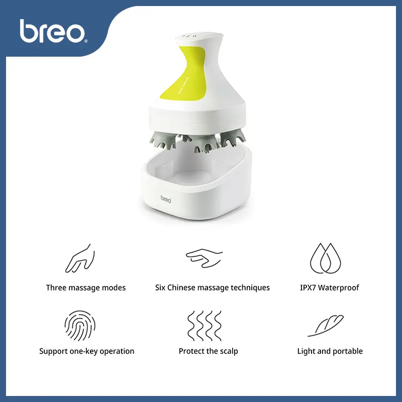 HOT SALES! Breo Electric Head Scalp Massager with 4 Replacement  For Hair Growth Body Deep Tissue Kneading Vibration Health Care Massage