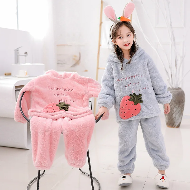 Детские пижамы, Осень-зима, новые корейские домашние костюмы для девочек, двухслойные бархатные теплые пижамы для больших детей 4-12 лет