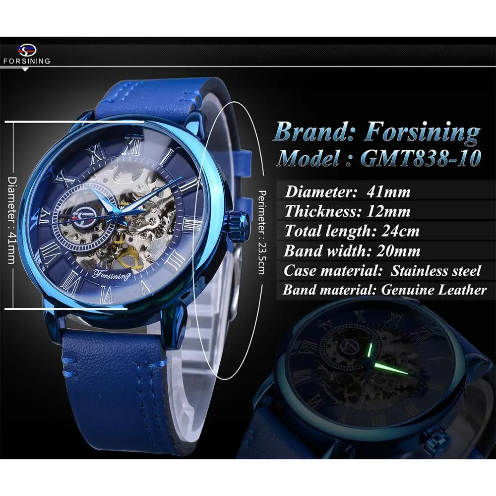 Forsining полный синий часы для мужчин Скелет механические часы ручной Ветер из натуральной кожи ремешок Классический Бизнес наручные часы подарок