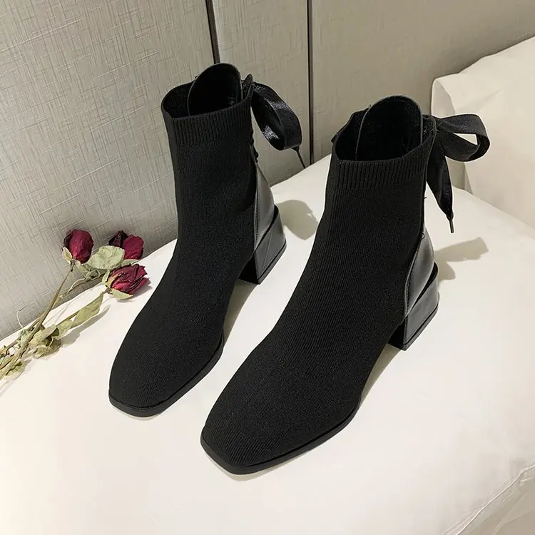 Women's Black Thick Mid Heel Short Ankle Boots Fashion Cute Sweet Bow Tie Solid Color Knit Socks Boots Casual Shoes New Listing