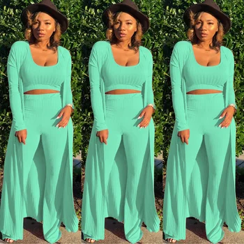 

2020 Spring Sexy Knitted Set With Cardigan Three Pieces Set Women Crop Tops And Pants Set Night Party Club Outfits 2 Piece Set