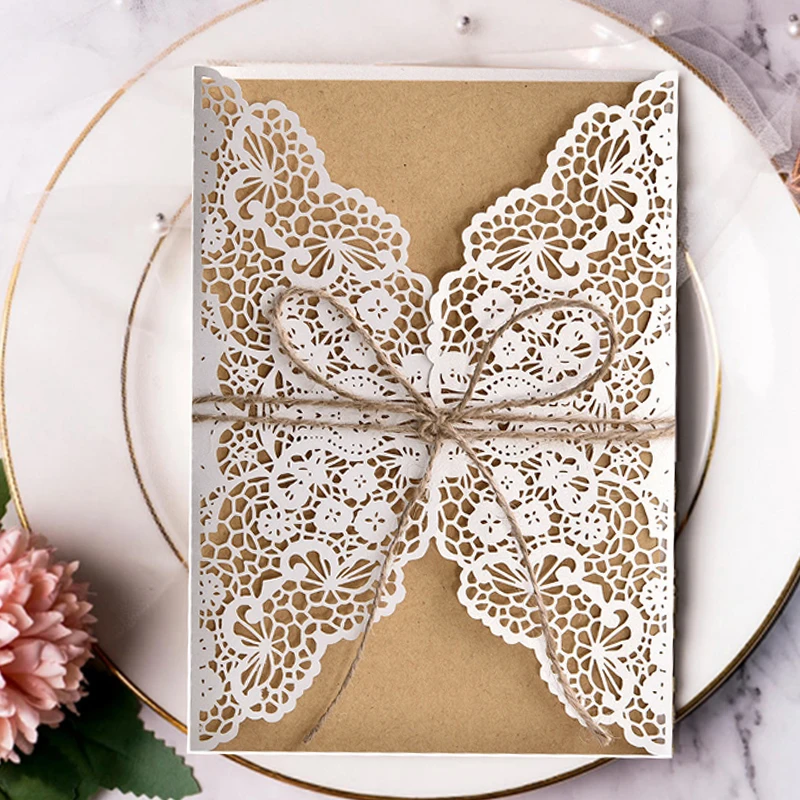 10pcs Elegant Laser Cut Bridal Favor Wedding Invitations Card Lace Pocket Greeting Customize Invites Card Printing Party Decor greeting cards wedding invitations