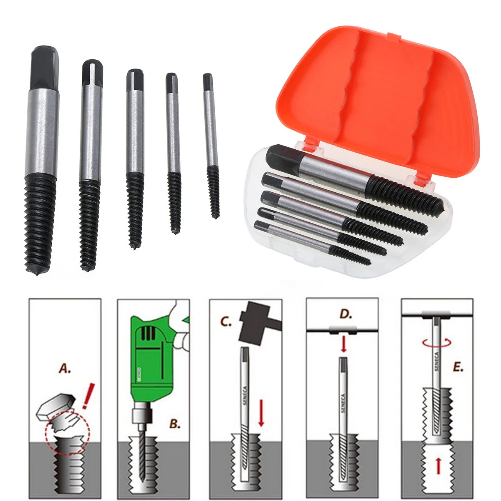 

5 Pce / High Quality Screw Steel Screw Extractor Set Screw Extractor Set 3-18mm Stud Solvent Tool Kit