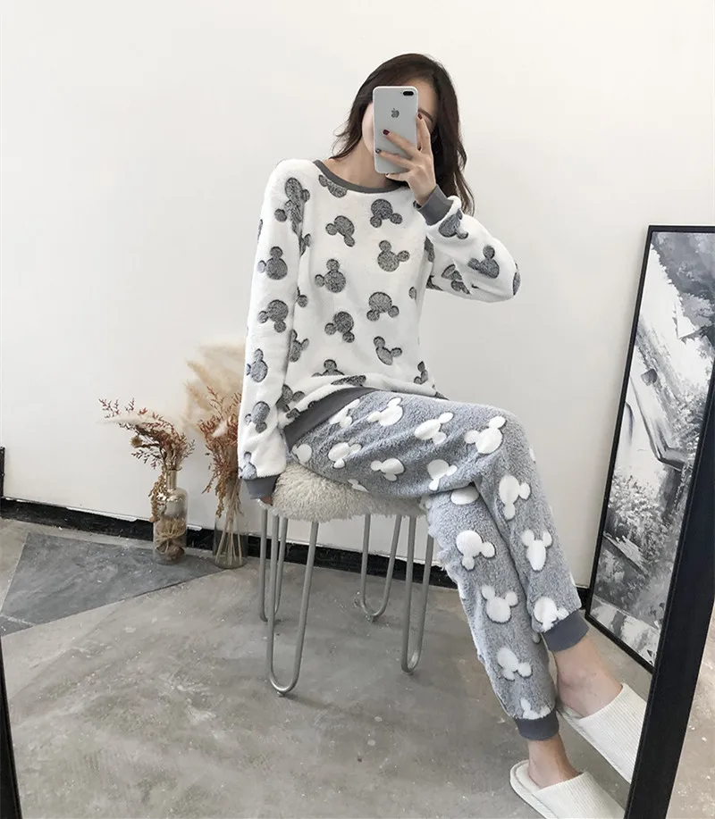 XXS-XXL, Женский Теплый Пижамный костюм комплект одежды для сна с круглым вырезом и рисунком Микки Мауса, осенняя Домашняя одежда с длинными рукавами для девочек, повседневная домашняя одежда