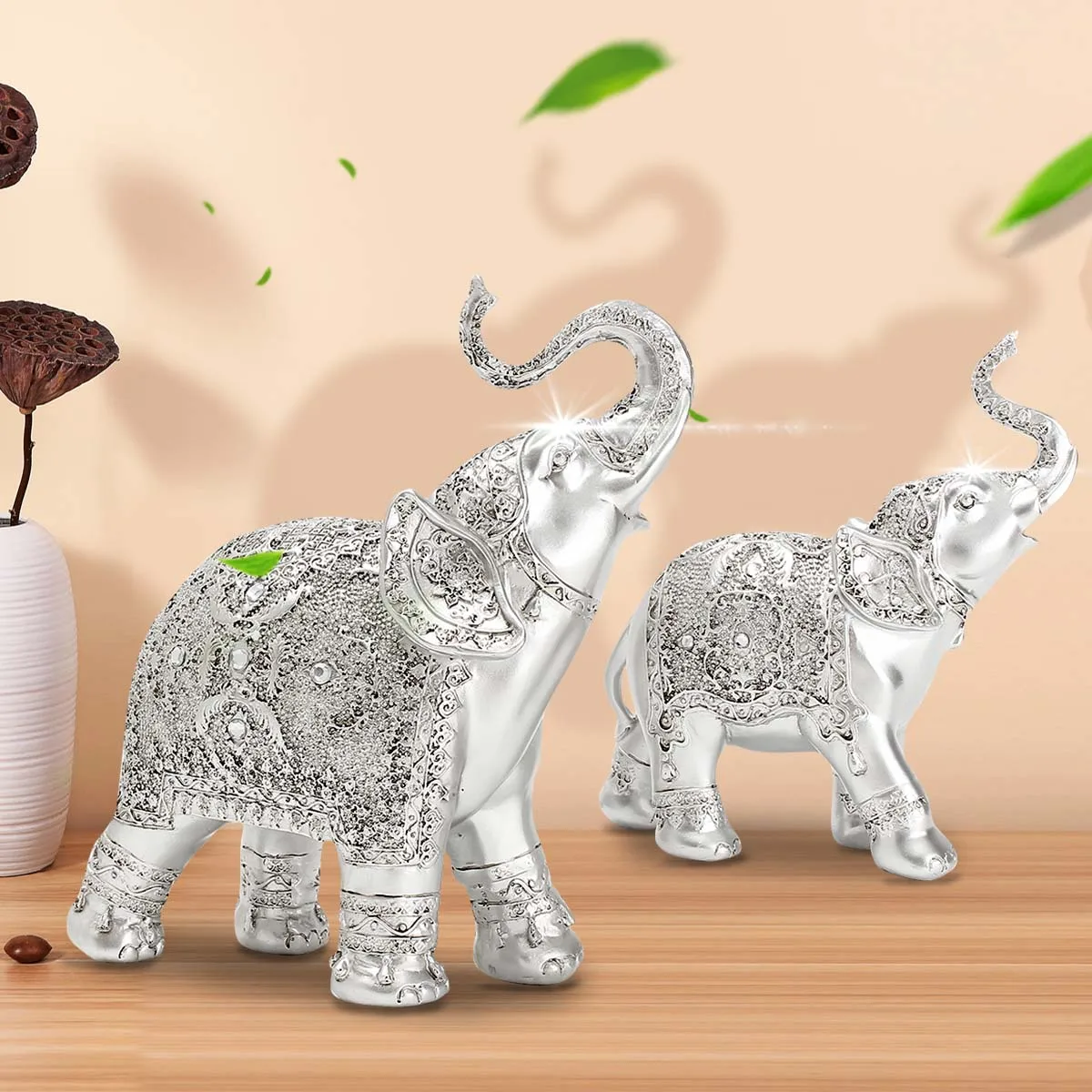

Fashion 2Pcs/set Silver Polyresin Ornate Elephant Statue Lucky Figurine Sculptures Ornaments for Home Office Decor Crafts Gift