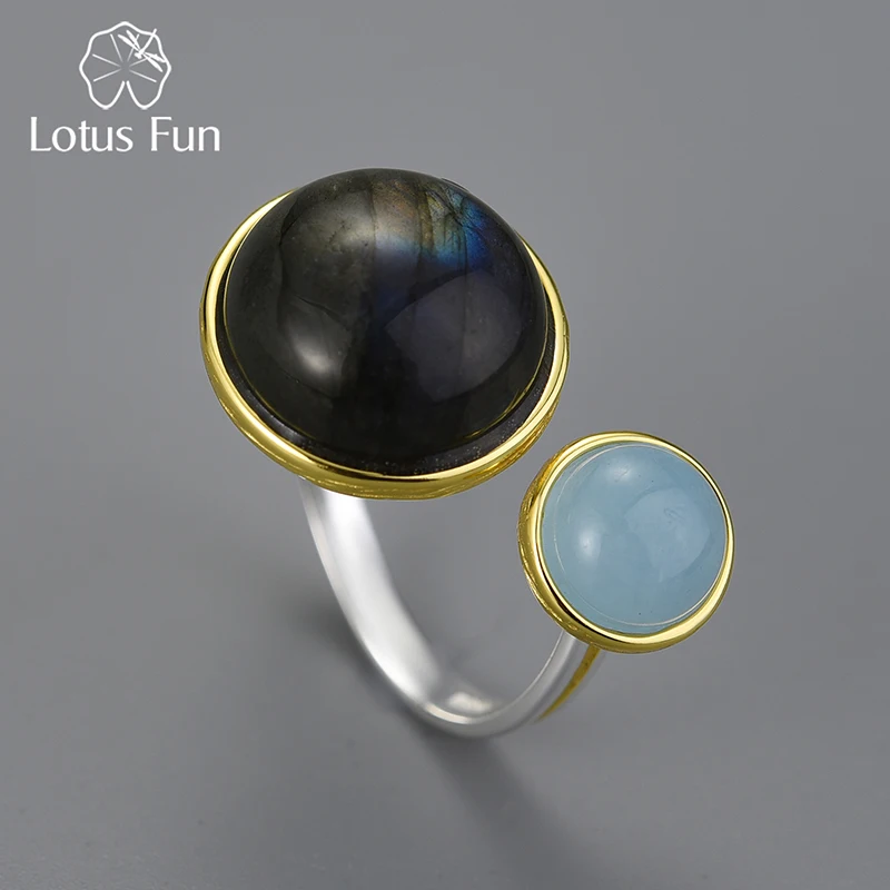 Lotus Fun 925 Sterling Silver Natural Labradorite Moonlight Gemstones Ring for Women silver ring silver rings gemstone ring