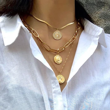 

IngeSight.Z Punk Multi Layer Carved Coin Choker Necklace Collar Statement Gold Color Cuban Thick Pendant Necklaces Women Jewelry