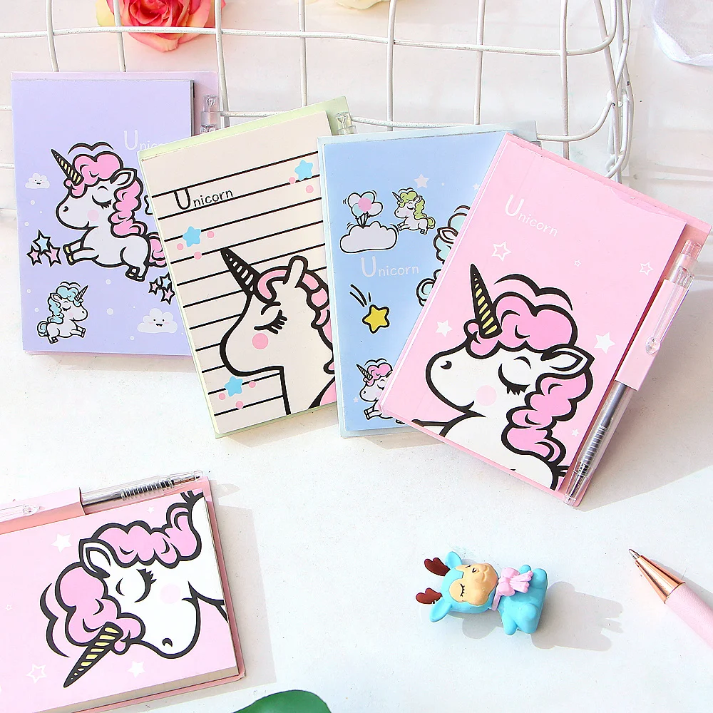 Kawaii Единорог портативный блокнот с ручкой для студентов бумажные канцелярские