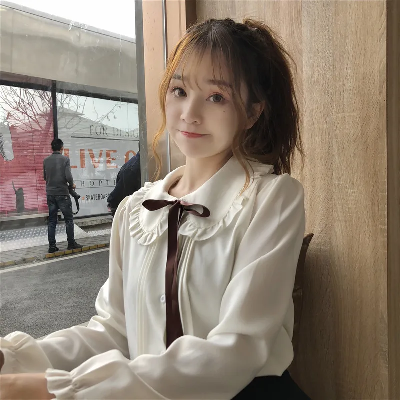 

2019 Autumn Women blouses girls long sleeve peter pan collar bowknot white blouse shirt Japanese school uniform cute lace-up top