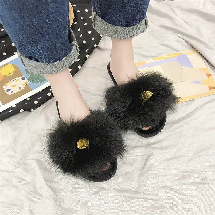 COOTELILI Winter Women Home Slippers with Faux Fur Fashion Warm Shoes Woman Slip on Flats Female Slides Black Christmas Gift