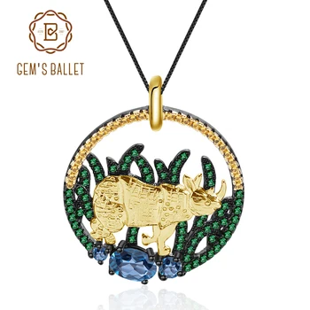 

GEM'S BALLET Natural London Blue Topaz Golden Rhinoceros Pendant Necklace 925 Sterling Silver Handcrafted for Women Fine Jewelry