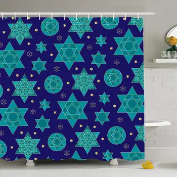 

Shower Curtain Set with Hooks 60x72 Snowflake Kippor Judaica Israel Yom Solomon Blue Star Festival Pattern Symbol Turquoise