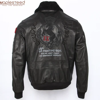 

Embroidery Men Genuine Leather Jacket Soft Tanned Sheepskin Real Fur Collar Flight Coat Military Pilot Skin Jackets Autumn M438