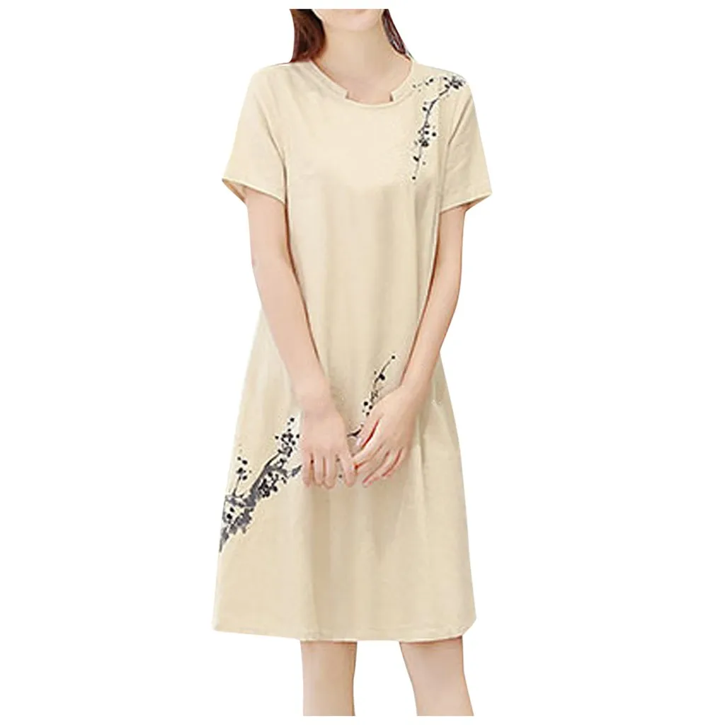 Beige 20# модное женское летнее платье с коротким рукавом и круглым вырезом длиной до колена с принтом круглый вырез vestidos mujer женские платья - Цвет: Beige