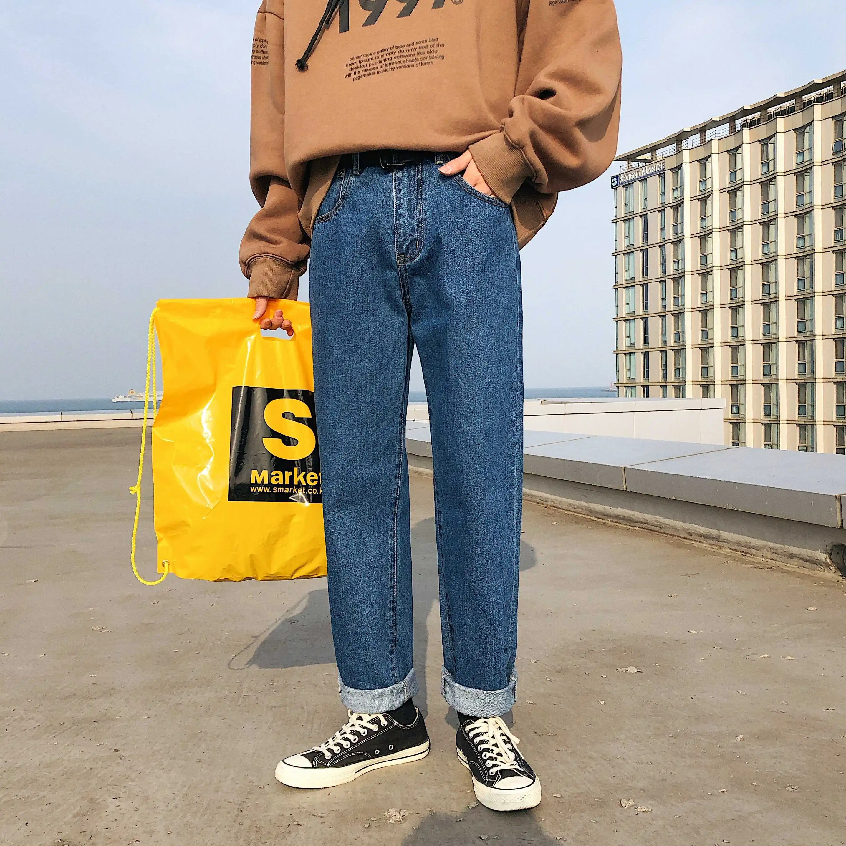Navy Blue Men's Jeans Spring New Youth Popular Loose Straight Loose Denim Trousers Neutral Straight Feet Youth Casual Men's Clothing - Цвет: Navy Blue