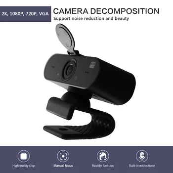 

Widescreen Video Work Home Accessories 2K Beauty Webcam USB Driver Free Web Camera with Built-in Microphone Privacy Cover