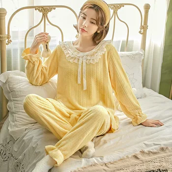 

Women's Pajamas Winter Sweet Plus Velvet Lace Nightgowns For Female Loose Ruffle Solid Warm Top Pants Two Piece Home Sleepwear